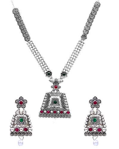 Traditional Oxidised Silver Long Classic Square Designer Necklace With Earring Set RAS0265-1
