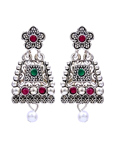 Traditional Oxidised Silver Long Classic Square Designer Necklace With Earring Set RAS0265-3
