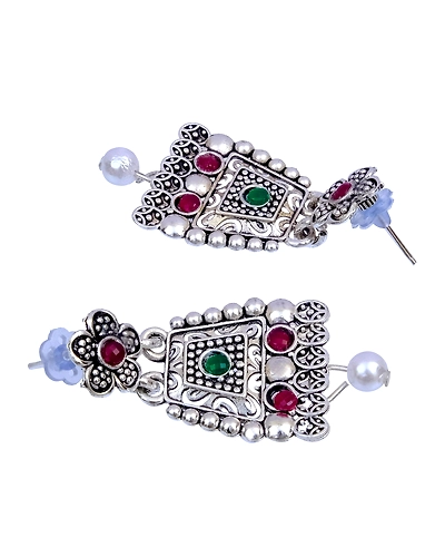 Traditional Oxidised Silver Long Classic Square Designer Necklace With Earring Set RAS0265-4