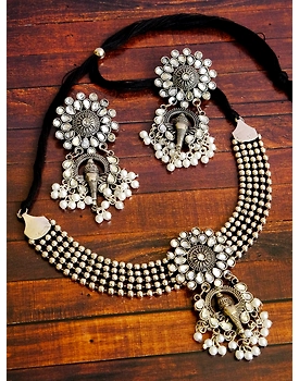 Oxidised Silver Plated Statement Elephant Shape Temple Necklace With Earrings Set CFS0334
