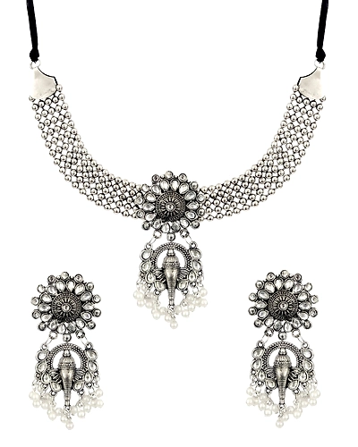 Oxidised Silver Plated Statement Elephant Shape Temple Necklace With Earrings Set CFS0334-1