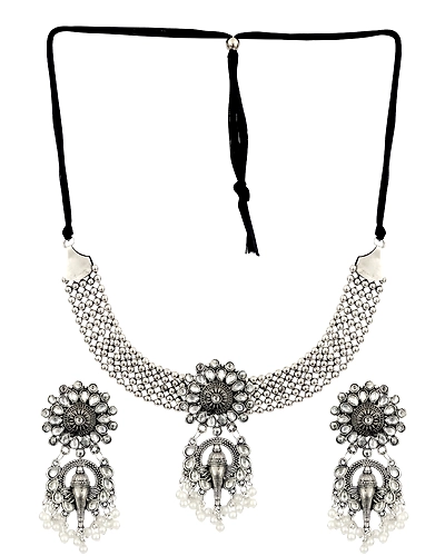 Oxidised Silver Plated Statement Elephant Shape Temple Necklace With Earrings Set CFS0334-2