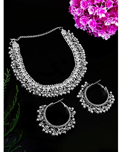 Oxidised Silver Necklace Set with Earrings for Women - German Crafted Jewelry-12668521