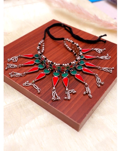Bohemian Chain Gypsy Oxidised Silver Necklace Boho Retro Leaf Choker Necklace Set CFN0893-12668519