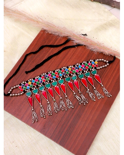 Bohemian Chain Gypsy Oxidised Silver Necklace Boho Retro Leaf Choker Necklace Set CFN0893-2