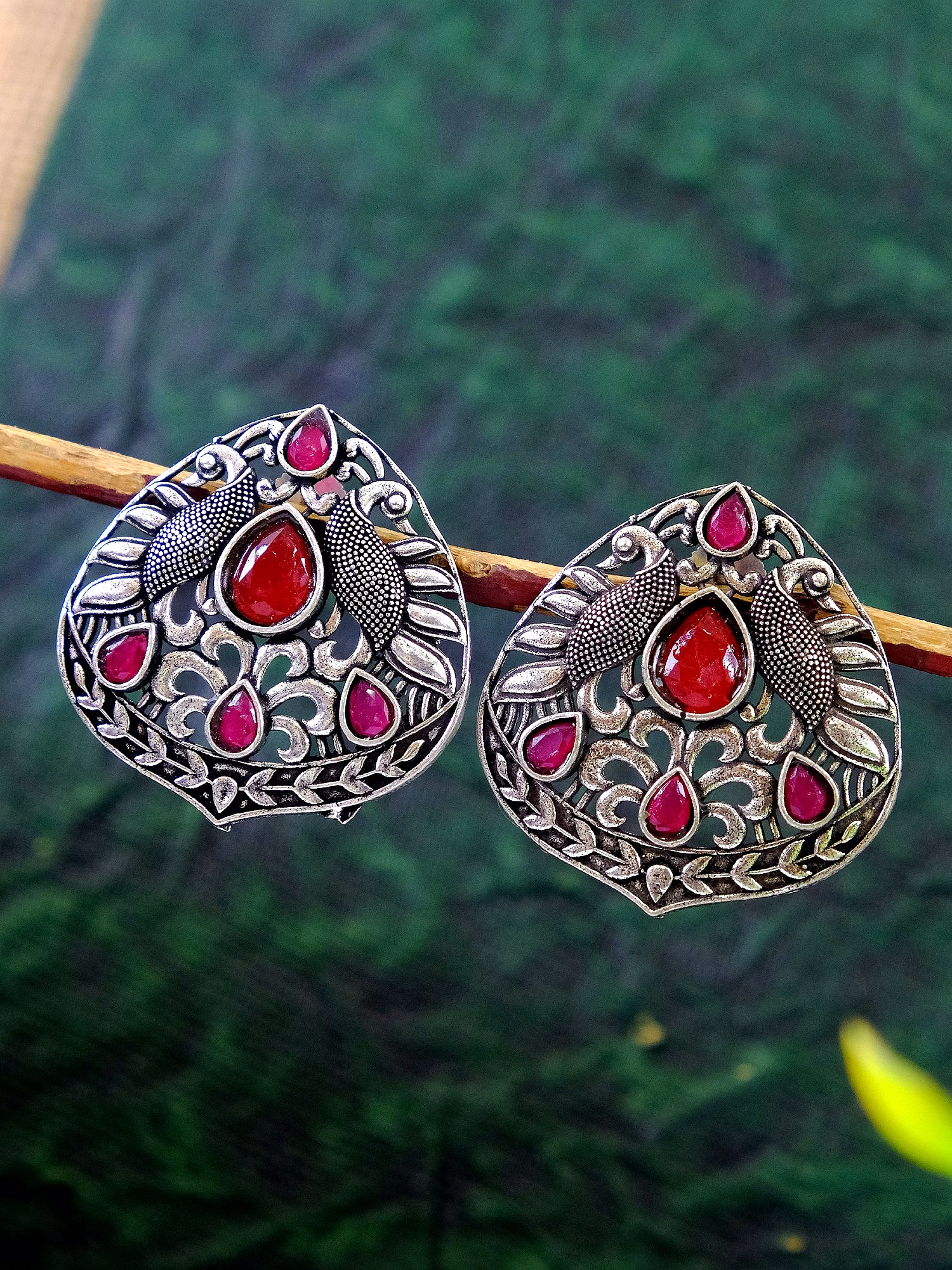 gonasika oxidised silver plated traditional antique peacock stud earrings for women