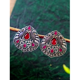 Gonasika Oxidised Silver Plated Traditional Antique Peacock Stud Earrings for Women