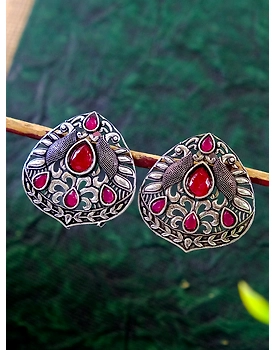 Oxidised Silver Plated Traditional Antique Peacock Stud Earrings for Women
