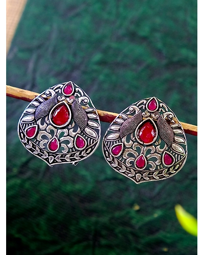 Oxidised Silver Plated Traditional Antique Peacock Stud Earrings for Women-12668495