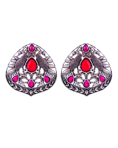 Oxidised Silver Plated Traditional Antique Peacock Stud Earrings for Women-1