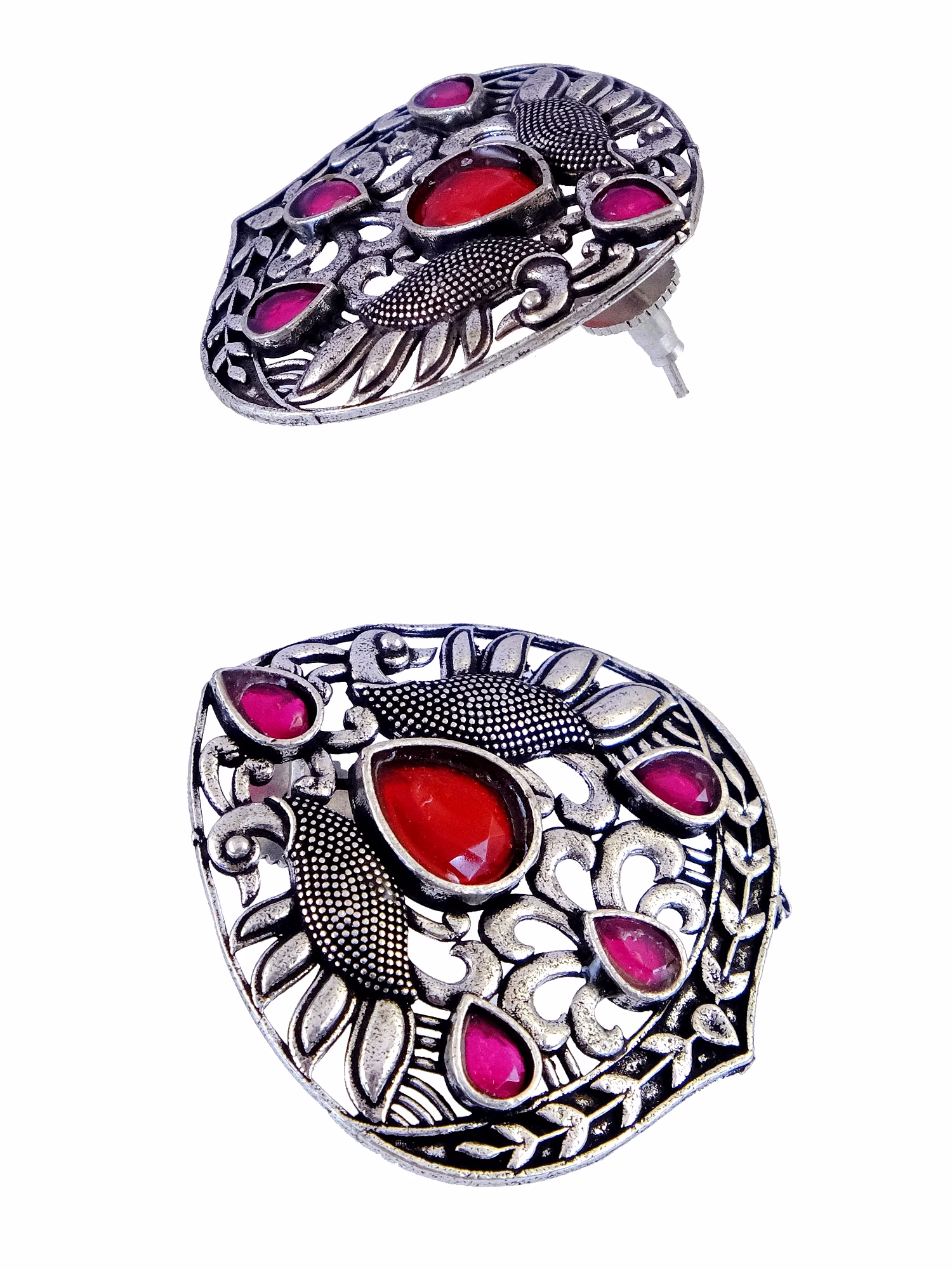Oxidised Silver Plated Traditional Antique Peacock Stud Earrings for Women image 3