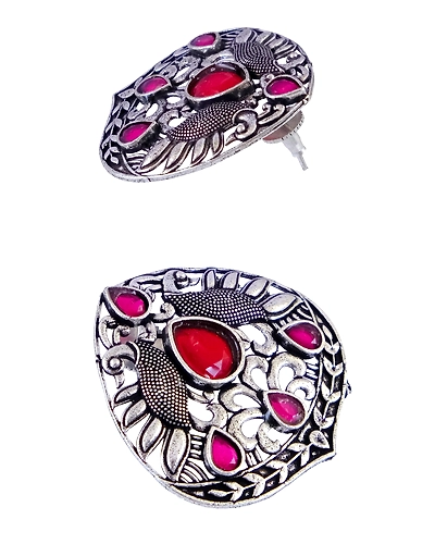 Oxidised Silver Plated Traditional Antique Peacock Stud Earrings for Women-2