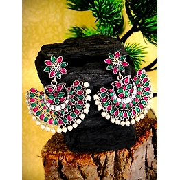 Gonasika Mahi Chandbali Earrings- Oxidised Silver Kundan Studded Pearl Drop Earrings for Women