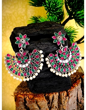 Mahi Chandbali Earrings- Oxidised Silver Kundan Studded Pearl Drop Earrings for Women