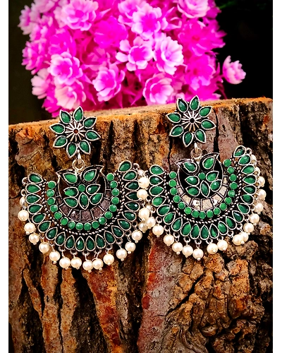 Mahi Chandbali Earrings- Oxidised Silver Kundan Studded Pearl Drop Earrings for Women-1