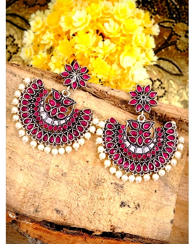 Mahi Chandbali Earrings- Oxidised Silver Kundan Studded Pearl Drop Earrings for Women-2