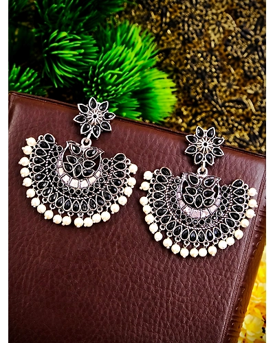 Mahi Chandbali Earrings- Oxidised Silver Kundan Studded Pearl Drop Earrings for Women-3