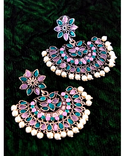 Mahi Chandbali Earrings- Oxidised Silver Kundan Studded Pearl Drop Earrings for Women-4