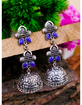 Nihar Jhumka- Oxidised Silver Plated Floral Motifs Jhumka Jhumki Earrings