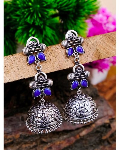 Nihar Jhumka- Oxidised Silver Plated Floral Motifs Jhumka Jhumki Earrings-12668489