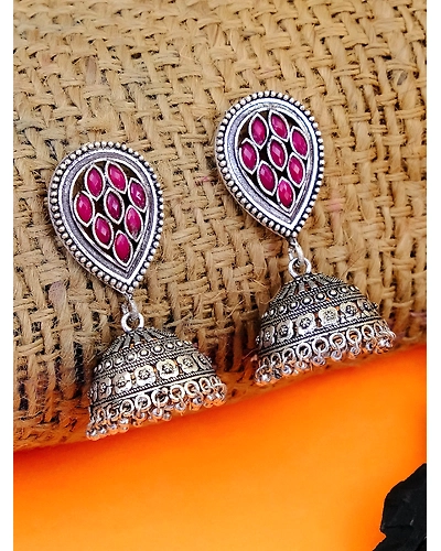 Traditional Oxidised Silver Plated Jhumka Earrings - Meera Collection-12668487
