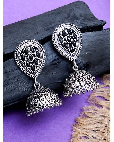 Traditional Oxidised Silver Plated Jhumka Earrings - Meera Collection-3