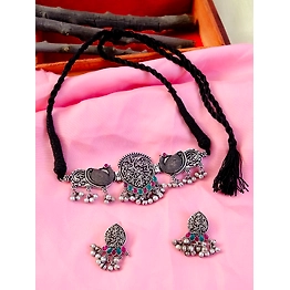 Gonasika Traditional Oxidised Silver Multicolor Peacock Design Necklace Set With Earrings for Women