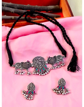 Traditional Oxidised Silver Multicolor Peacock Design Necklace Set With Earrings for Women