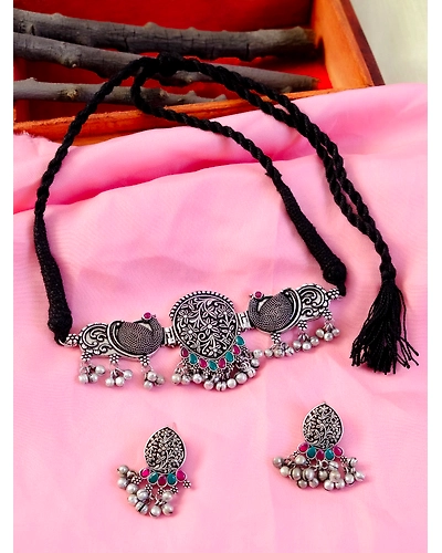 Traditional Oxidised Silver Multicolor Peacock Design Necklace Set With Earrings for Women-12668483