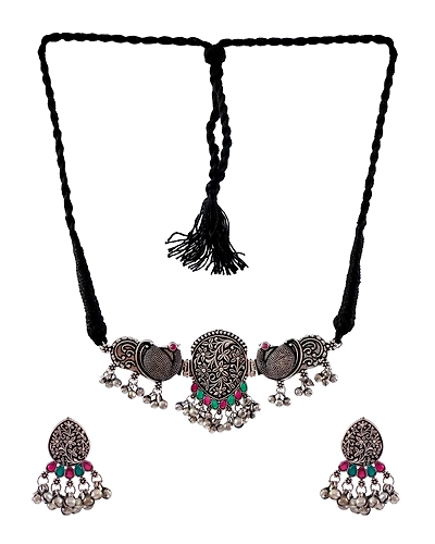Traditional Oxidised Silver Multicolor Peacock Design Necklace Set With Earrings for Women-1