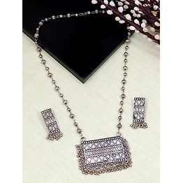 Gonasika Oxidised Silver Square Long Necklace Set with Black Dori Necklace