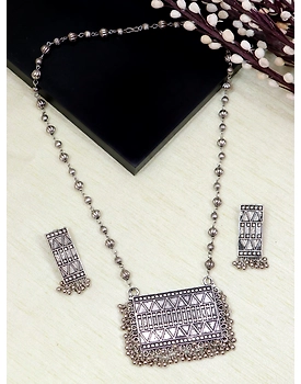 Oxidised Silver Square Long Necklace Set with Black Dori Necklace