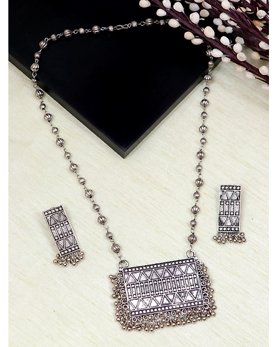 Oxidised Silver Square Long Necklace Set with Black Dori Necklace-12668479