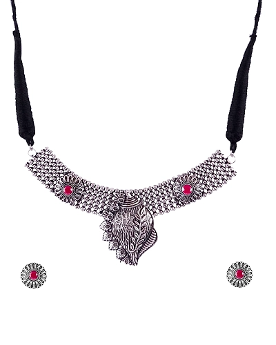 Oxidised Silver Shankh Design Jewellery Set for Women-4