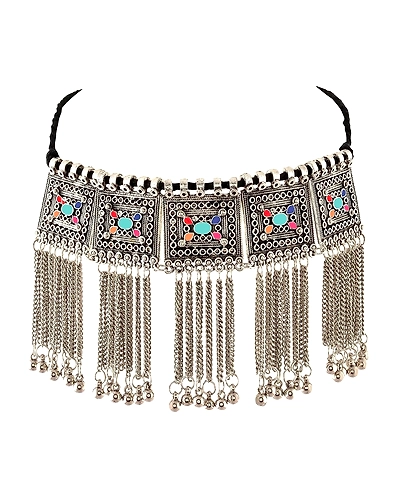 Exquisite Oxidised Silver Choker Necklace Multicolor Accessory for Women and Girls-12668469