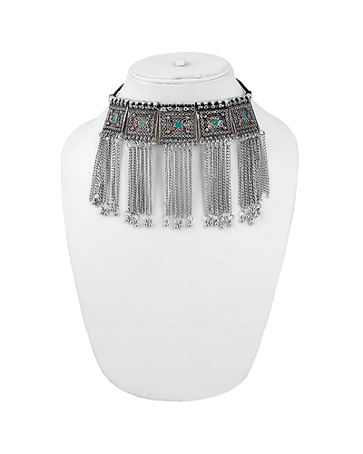 Exquisite Oxidised Silver Choker Necklace Multicolor Accessory for Women and Girls-2