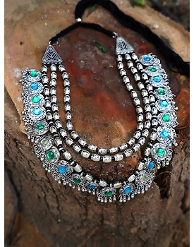 Crunchy Fashion Jewellery Oxidised Silver Plated Blue Crystal Bohemian Necklace for Women and Girls
