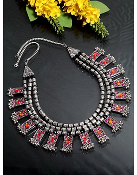 Oxidised Silver Elegance Womens Pink Crystal Pearl Necklace Set