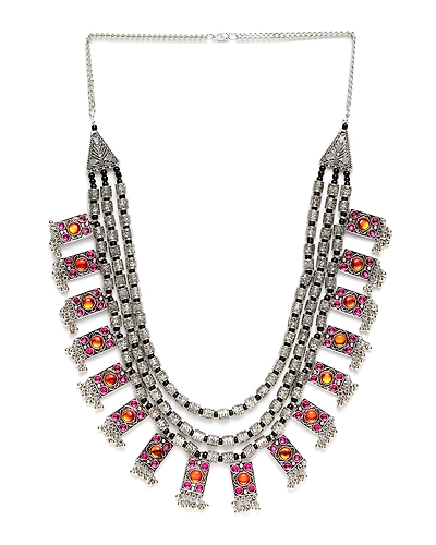 Oxidised Silver Elegance Womens Pink Crystal Pearl Necklace Set-1