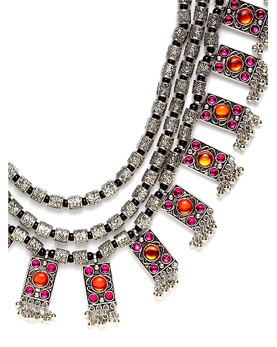 Oxidised Silver Elegance Womens Pink Crystal Pearl Necklace Set-2