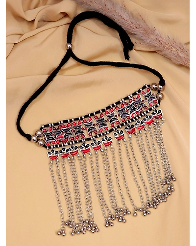 Bohemian Chain Gypsy Oxidised Silver Necklace Boho Retro Leaf Multi- color Choker Necklace Set CFN0897-12668441