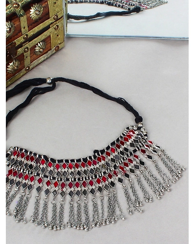 Elegant Oxidised Silver Pearl Choker Necklace with Distinct Meenakari Design-12668421
