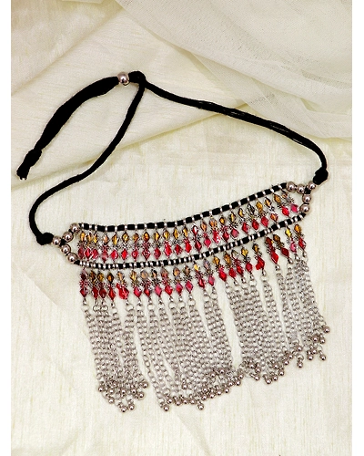 Elegant Oxidised Silver Pearl Choker Necklace with Distinct Meenakari Design-1