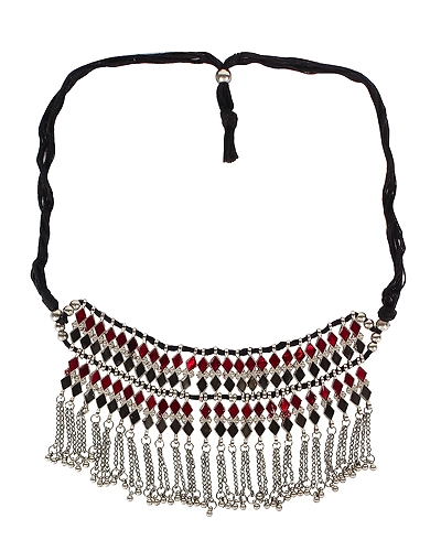 Elegant Oxidised Silver Pearl Choker Necklace with Distinct Meenakari Design-4