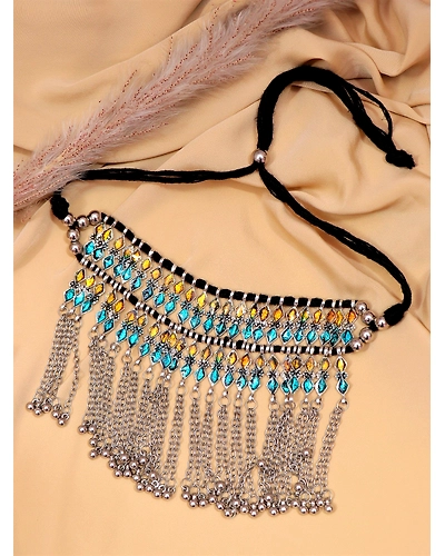 Bohemian Chain Gypsy Oxidised Silver Necklace Boho Retro Leaf Multicolor Choker Necklace Set CFN0899-12668417