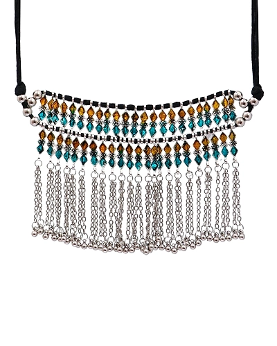 Bohemian Chain Gypsy Oxidised Silver Necklace Boho Retro Leaf Multicolor Choker Necklace Set CFN0899-1