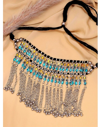 Bohemian Chain Gypsy Oxidised Silver Necklace Boho Retro Leaf Multicolor Choker Necklace Set CFN0899-3