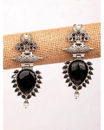 Black Pearl-Studded Oxidised Silver Look Earrings for Fashionable Occasions-12668415