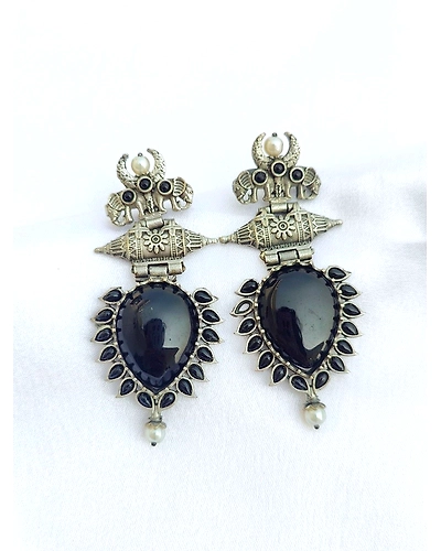 Black Pearl-Studded Oxidised Silver Look Earrings for Fashionable Occasions-1