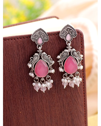 Pink Drop Oxidised Silver Earrings with for Girls &amp; Women-12668413